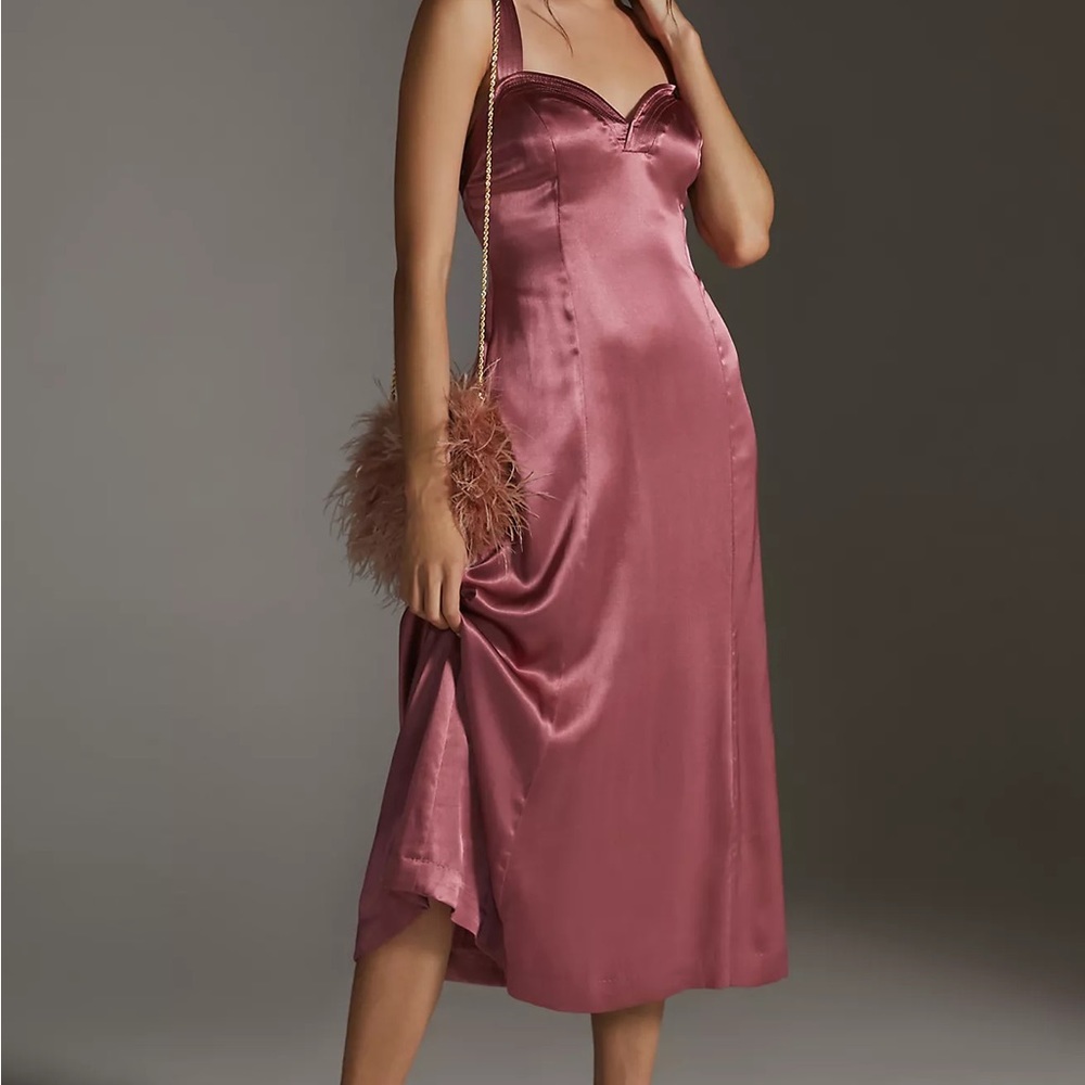 NWT By Anthropologie Cross-Back Midi Dress - Pink Mauve / Blush Taupe Satin | 10